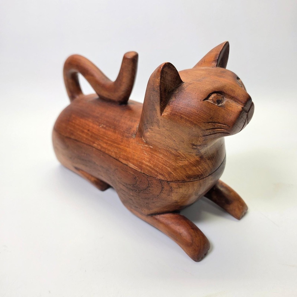 Vintage Hand Carved Wooden Stylized Cat Trinket Box Storage Sphinx 9x7" Cat Lady